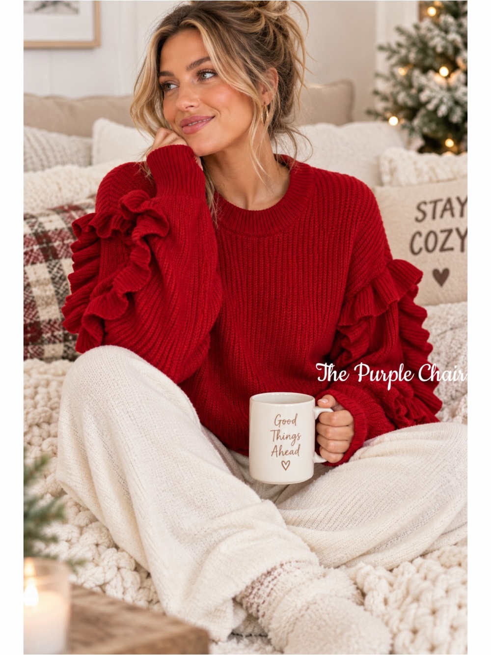 Red Chunky Knit Long Ruffle Sleeve Sweater XL